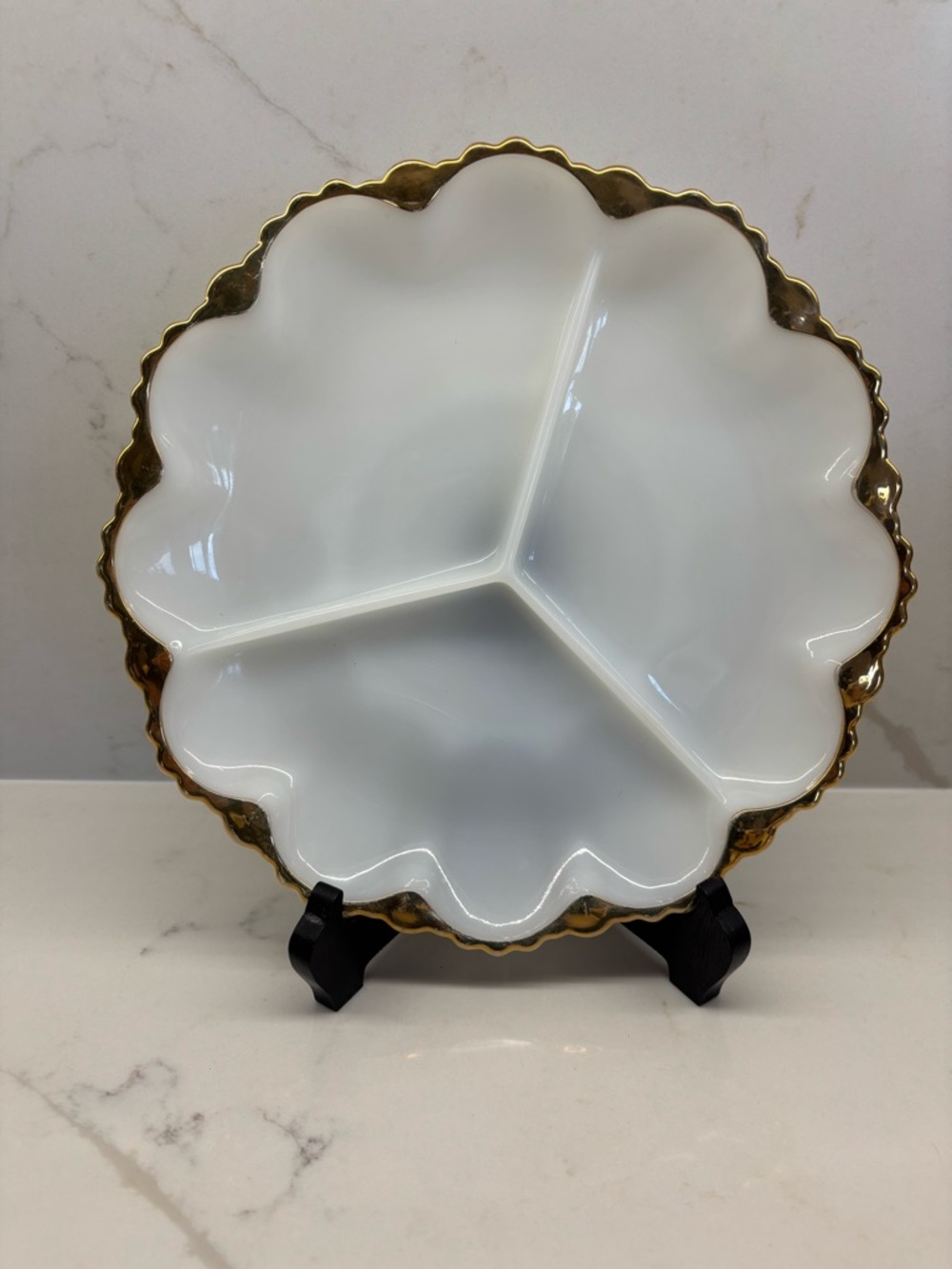 Vintage Fire King Anchor Hocking Milk Glass Divided Dish Relish Tray Gold Trim